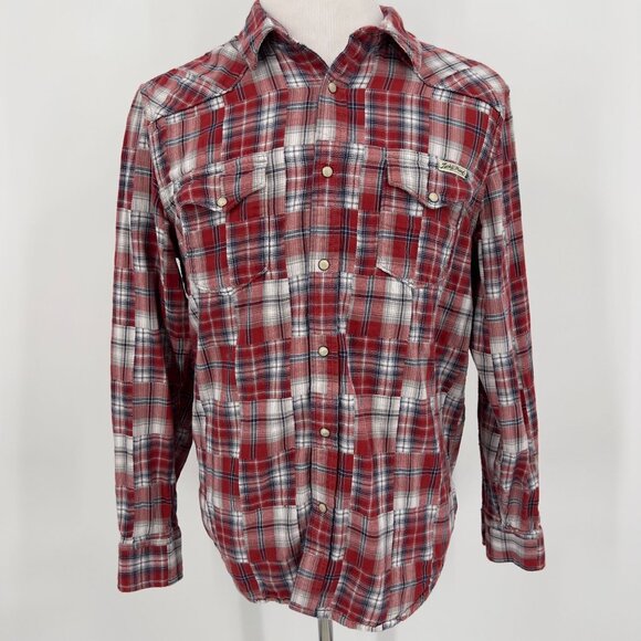 Lucky Brand Mens Snap Up Red Plaid Cotton Western Shirt L Large - Picture 2 of 7